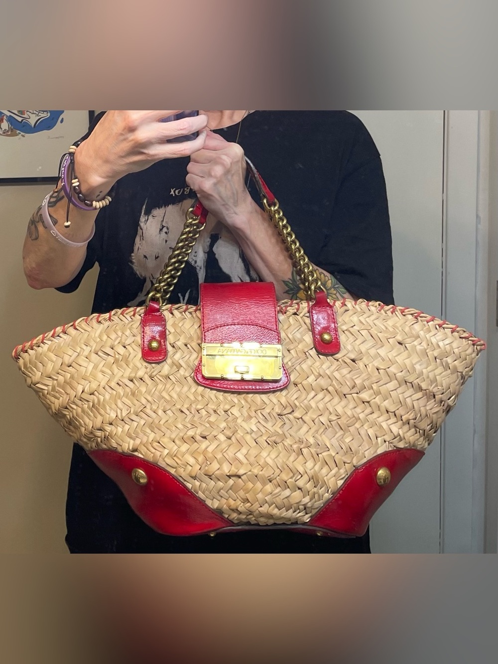 Dolce & Gabbana Natural Straw Tote with Red Leather & Gold Hardware